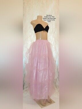 Boutique Bubble Gum Pink Tiered Tulle Maxi Skirt Tutu Festival Fluffy S/XS